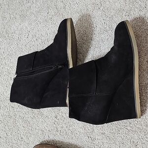 Black suede Ann Marino by Bettye Muller. Wedge booties. Size 9.5